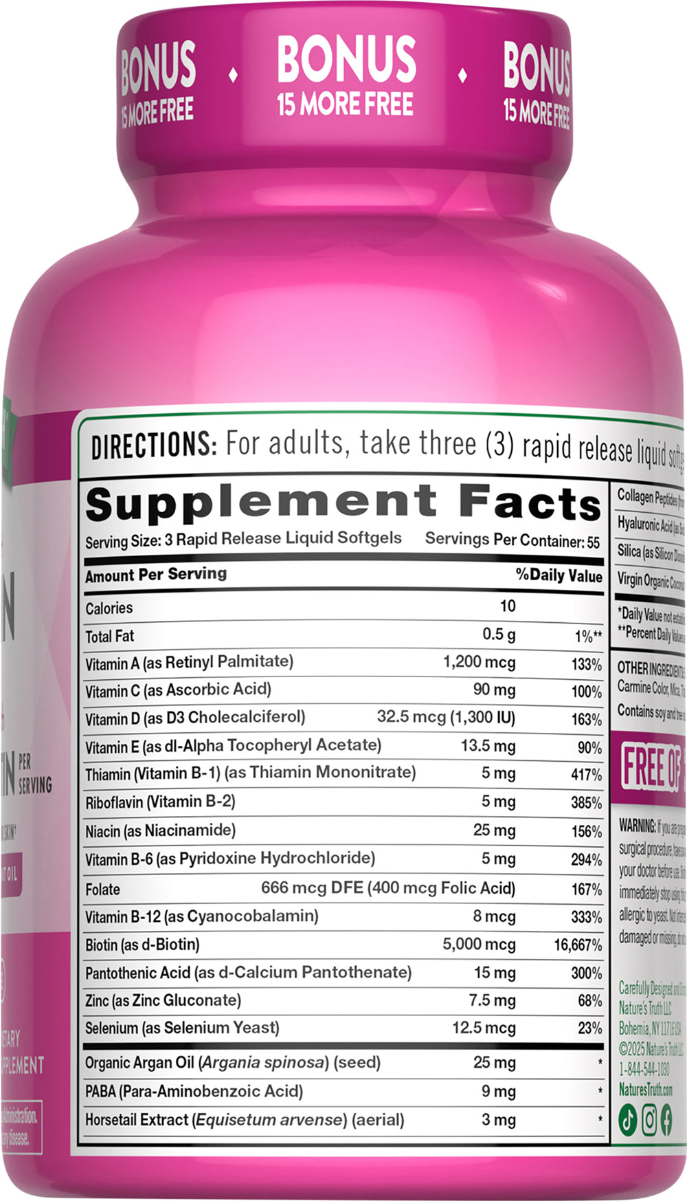 Nature’s Truth® Hair, Skin & Nails Supplement with Biotin, Bonus 150 + 15 Softgels