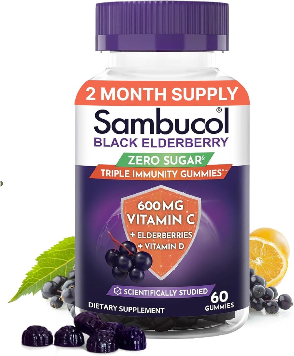 Sambucol® Triple Immunity Zero Sugar Gummies – Vitamin C, Elderberries & Vitamin D, 60 Count