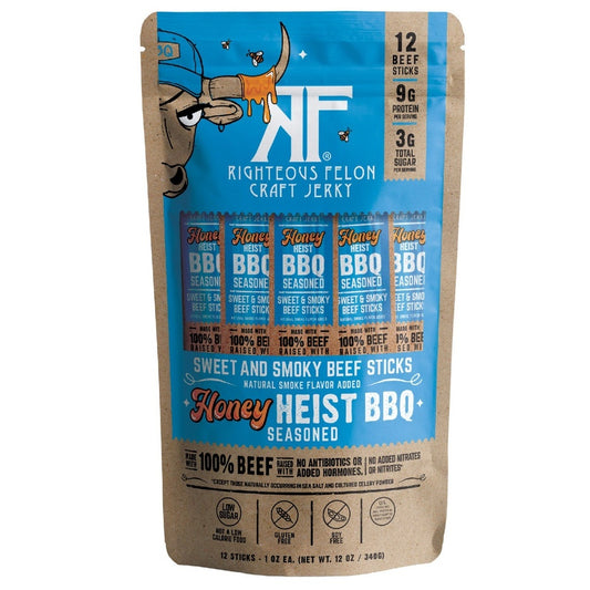 Righteous Felon® Craft Jerky Honey Heist BBQ Beef Sticks – 12 ct