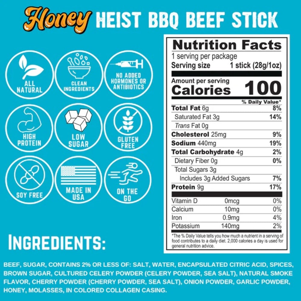 Righteous Felon® Craft Jerky Honey Heist BBQ Beef Sticks – 12 ct