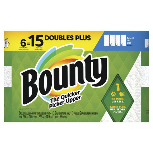 Saim Bounty Paper Towels - 6 Double Plus rolls = 15 regular rolls Select-A-Size white sheets