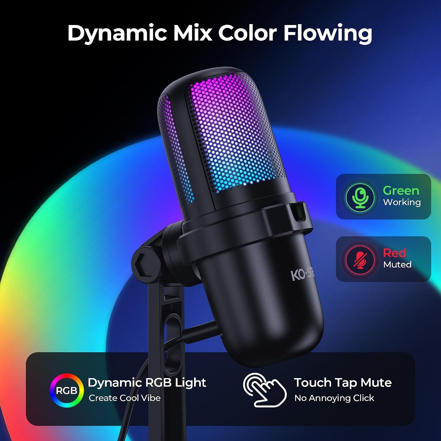 USB RGB Gaming Microphone | Condenser Mic for PC & PS5, Gain Knob, Headphone Jack