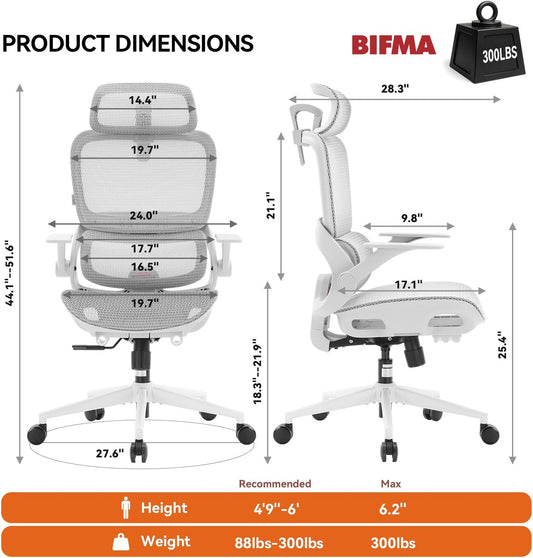 SIHOO B100 Ergonomic Office Chair with Adaptive Lumbar Support & Wide Headrest, Grey