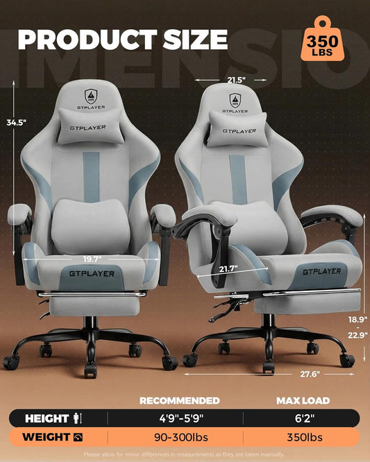 GTPLAYER Gaming Chair with Footrest, Pocket Spring Cushion & Lumbar Support, Mist Blue