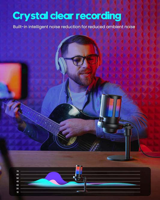 USB Gaming Microphone for PC & PS5, RGB Condenser Mic with Mute & Pop Filter