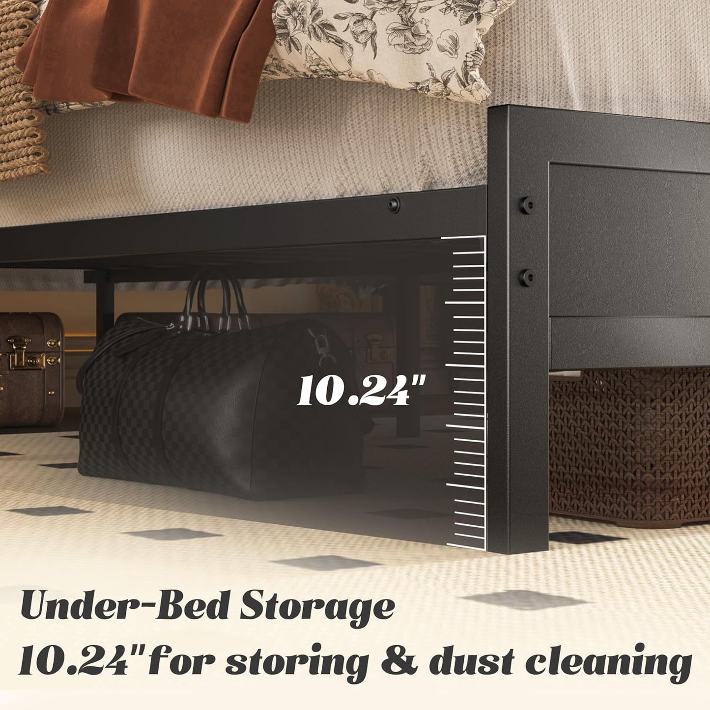 Fluest Queen Bed Frame with LED, Charging Station & Storage Shelf, Black