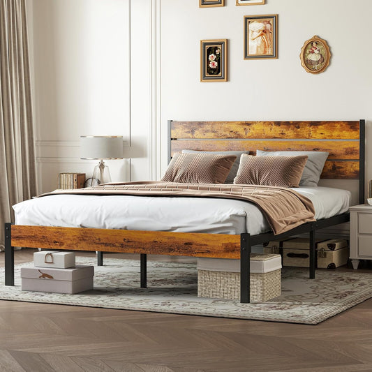 OLIXIS Full Size Bed Frame with Rustic Headboard – Metal Mattress Foundation, Under-Bed Storage, Rust Brown