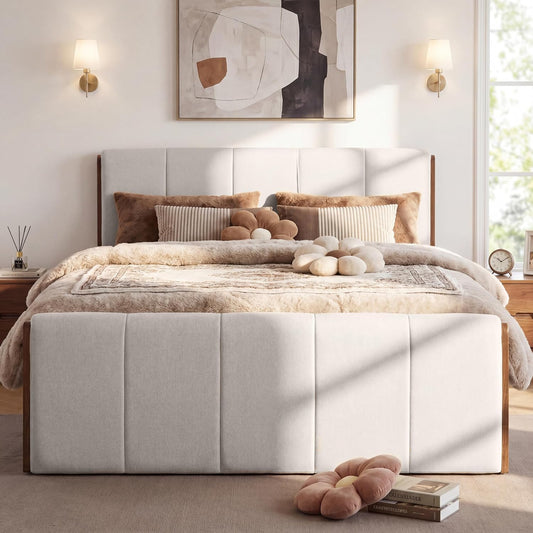 Christopher Knight Home Jayne Queen Wood Platform Bed – Upholstered Headboard & Footboard, Gray/Walnut