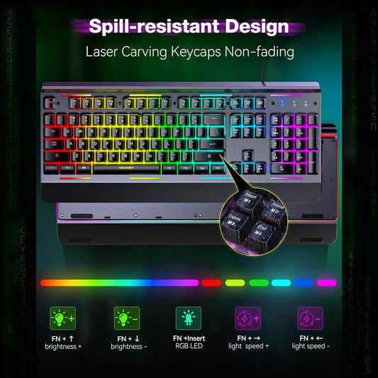 TECKNET Wired RGB Gaming Keyboard – Metal Panel, IP32 Water-Resistant, Anti-Ghosting