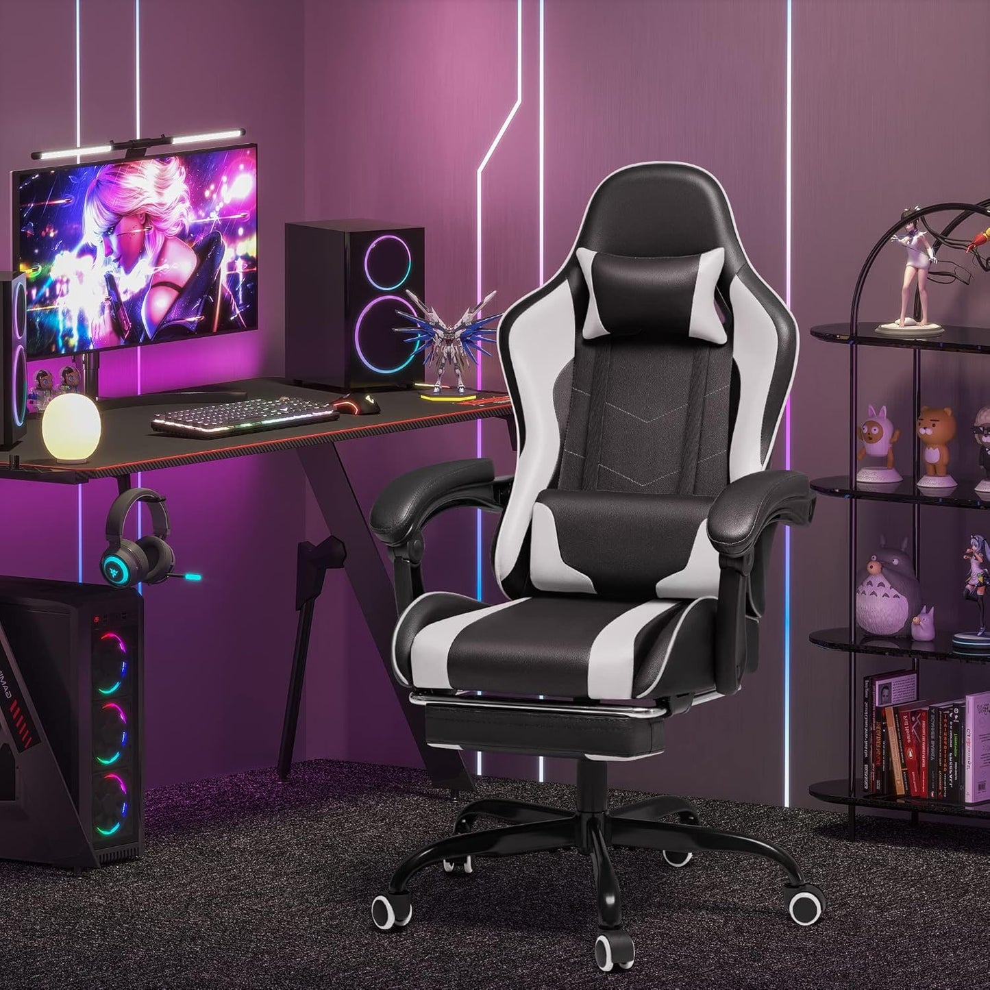 Homall Gaming Chair with Footrest, Massage Lumbar Support & Headrest, White