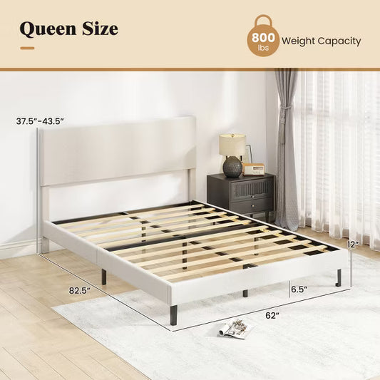 Costway Queen Platform Bed Frame with Chevron Velvet Headboard - Beige