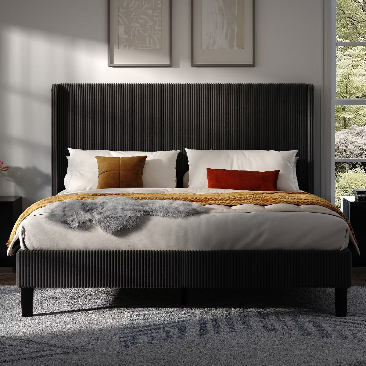 AMERLIFE Queen Bed Frame with Corduroy Upholstered Headboard - Black