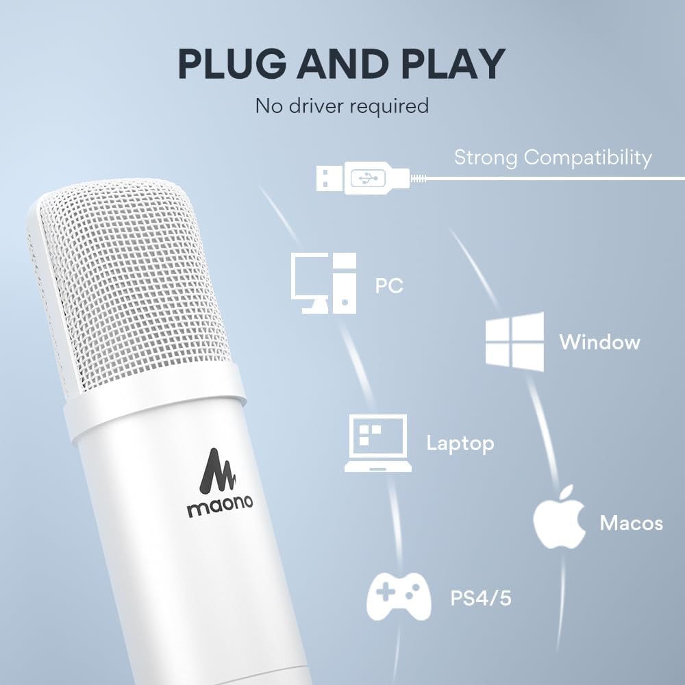 MAONO A04 White USB Microphone | 192kHz/24Bit Condenser Mic for PC, Podcast & Streaming