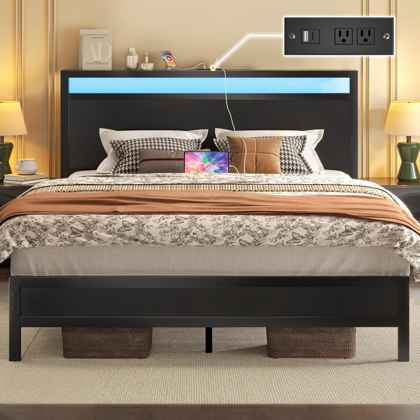 Fluest Queen Bed Frame with LED, Charging Station & Storage Shelf, Black