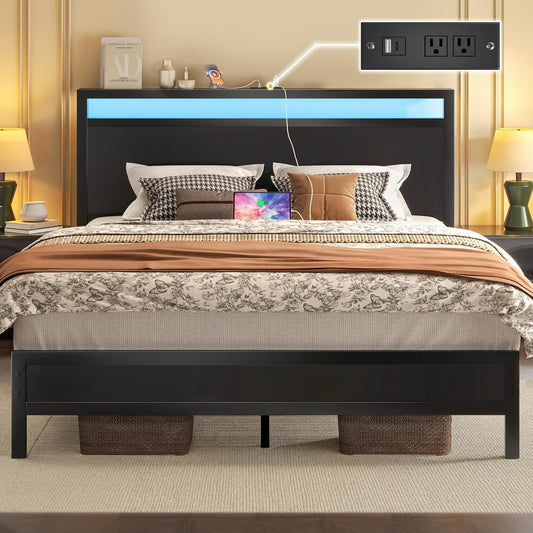 Fluest Queen Bed Frame with LED, Charging Station & Storage Shelf, Black