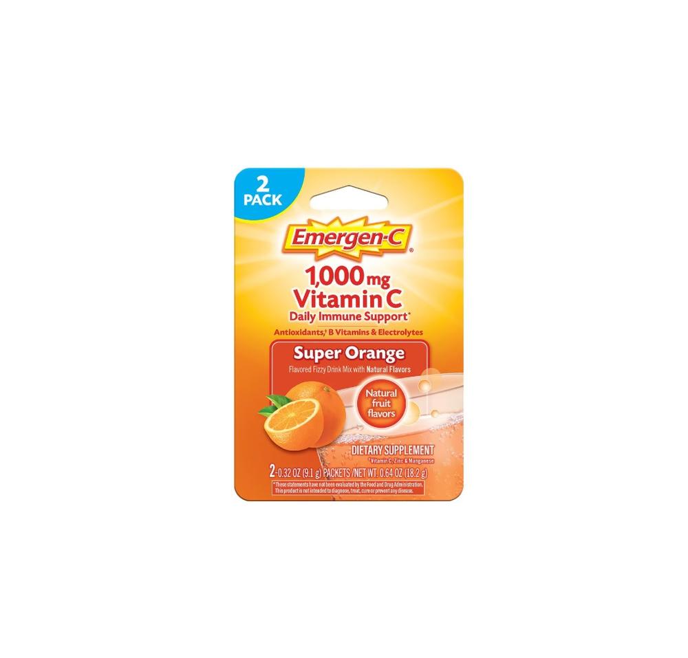 Emergen-C Super Orange Vitamin C Drink Mix, 1000 mg Immune Support, Fizzy Powder Packets – 2 Count