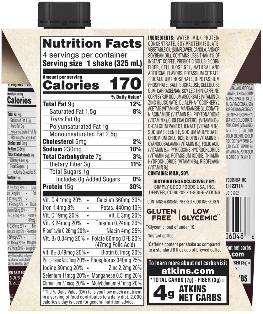 Atkins Vanilla Latte Protein Shake – High Protein, Low Sugar Ready-to-Drink Beverage (4 Pack)