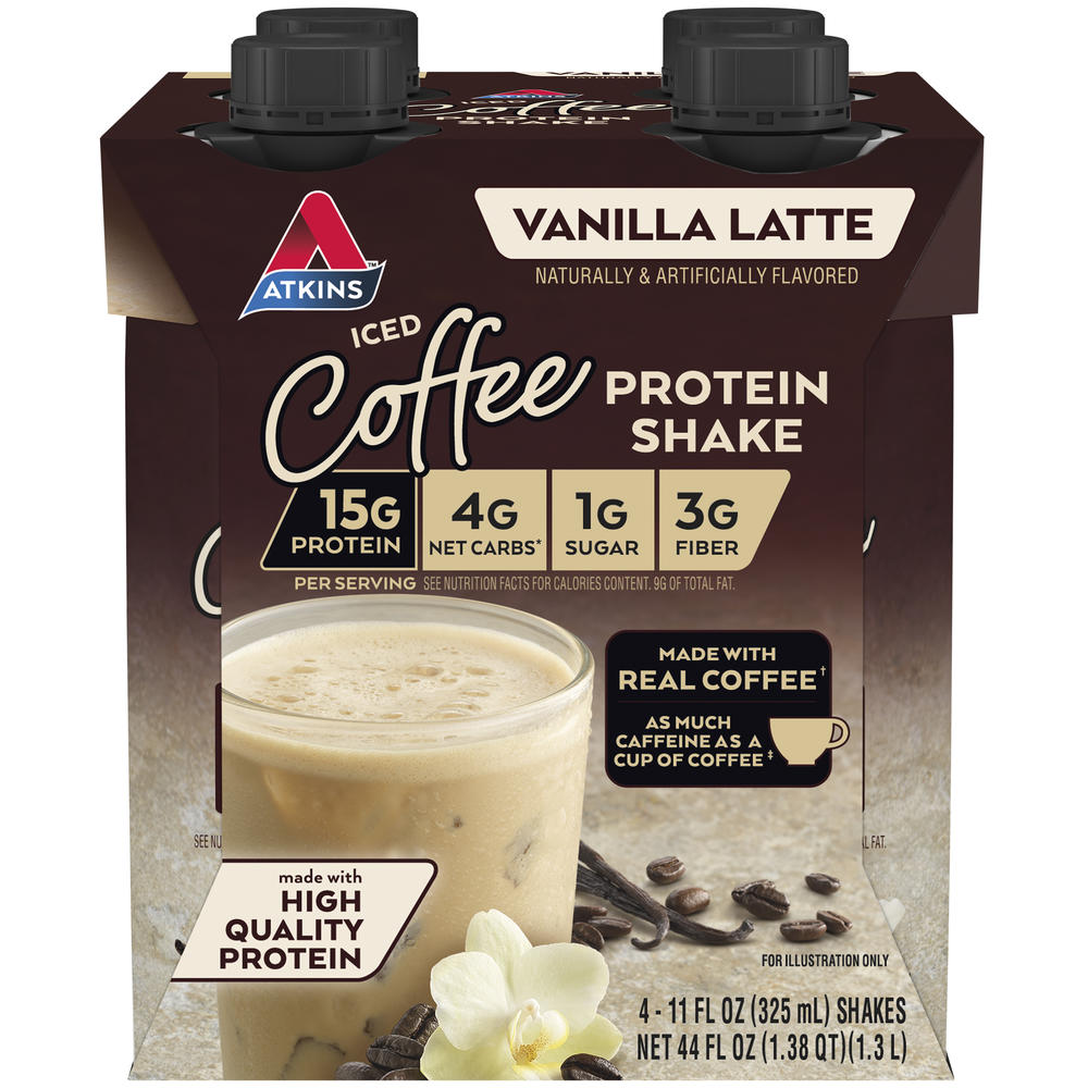 Atkins Vanilla Latte Protein Shake – High Protein, Low Sugar Ready-to-Drink Beverage (4 Pack)
