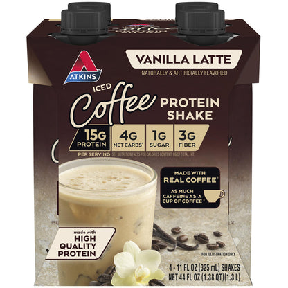 Atkins Vanilla Latte Protein Shake – High Protein, Low Sugar Ready-to-Drink Beverage (4 Pack)