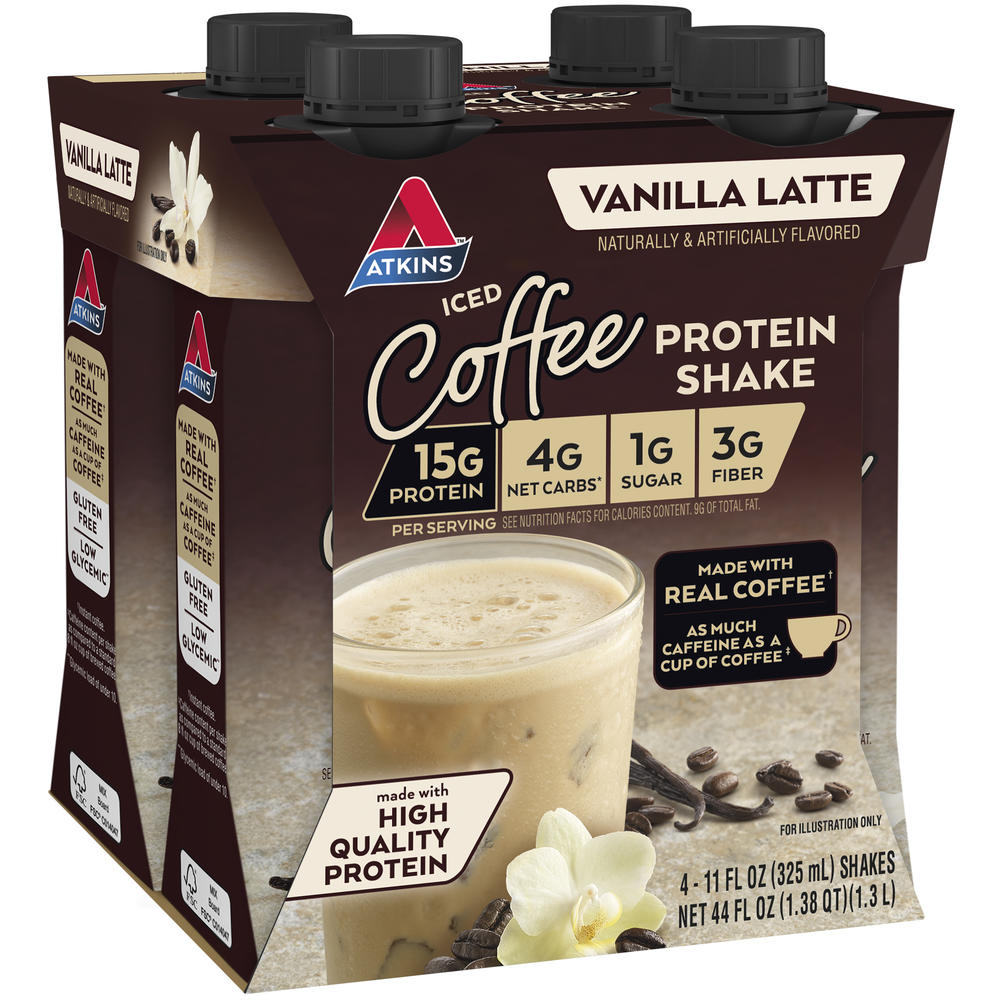 Atkins Vanilla Latte Protein Shake – High Protein, Low Sugar Ready-to-Drink Beverage (4 Pack)