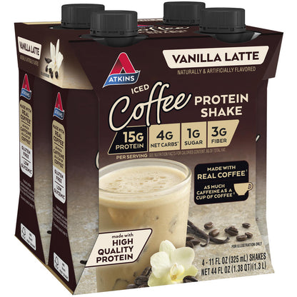 Atkins Vanilla Latte Protein Shake – High Protein, Low Sugar Ready-to-Drink Beverage (4 Pack)