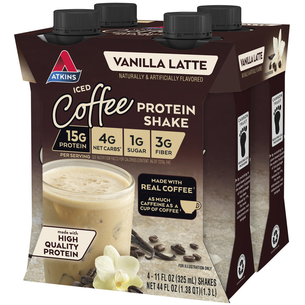 Atkins Vanilla Latte Protein Shake – High Protein, Low Sugar Ready-to-Drink Beverage (4 Pack)