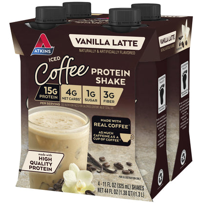 Atkins Vanilla Latte Protein Shake – High Protein, Low Sugar Ready-to-Drink Beverage (4 Pack)