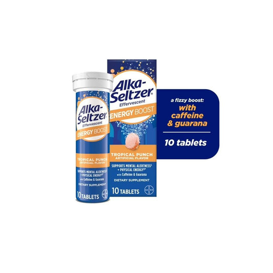 Alka-Seltzer® Tropical Punch Energy Boost Effervescent Tablets – 10 Count | Quick Dissolve Energy Support with Refreshing Flavor