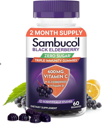 Sambucol® Triple Immunity Zero Sugar Gummies – Vitamin C, Elderberries & Vitamin D, 60 Count