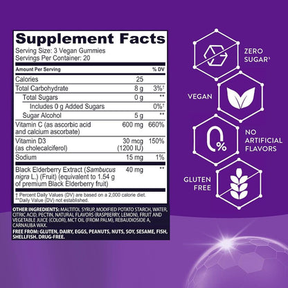 Sambucol® Triple Immunity Zero Sugar Gummies – Vitamin C, Elderberries & Vitamin D, 60 Count