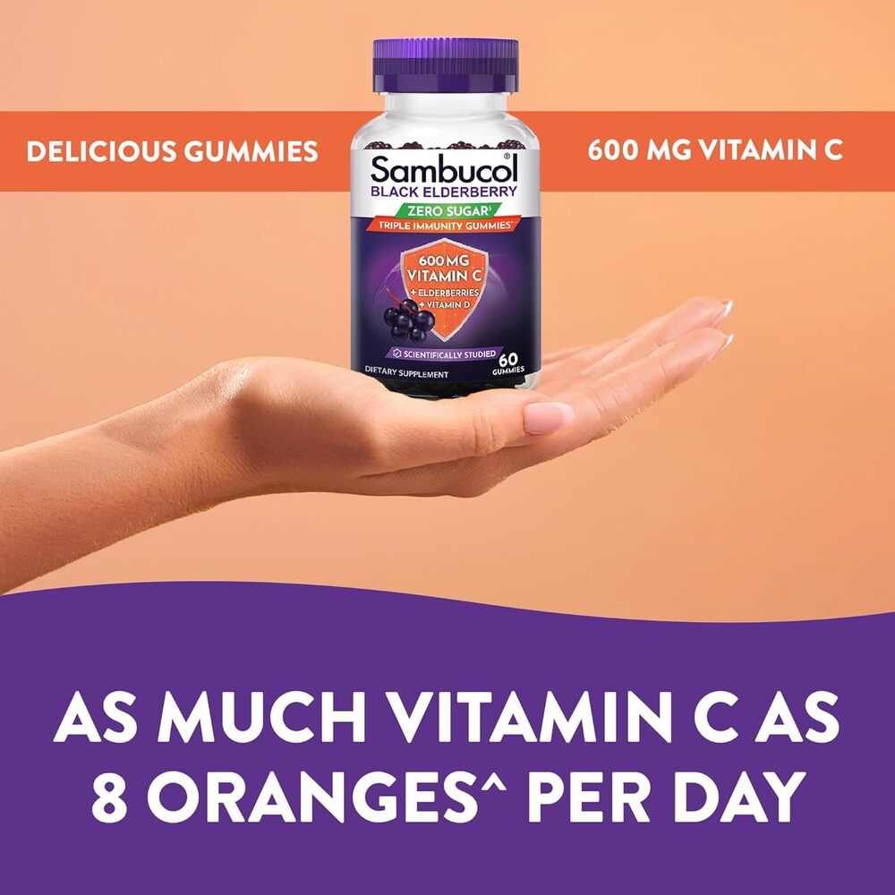 Sambucol® Triple Immunity Zero Sugar Gummies – Vitamin C, Elderberries & Vitamin D, 60 Count