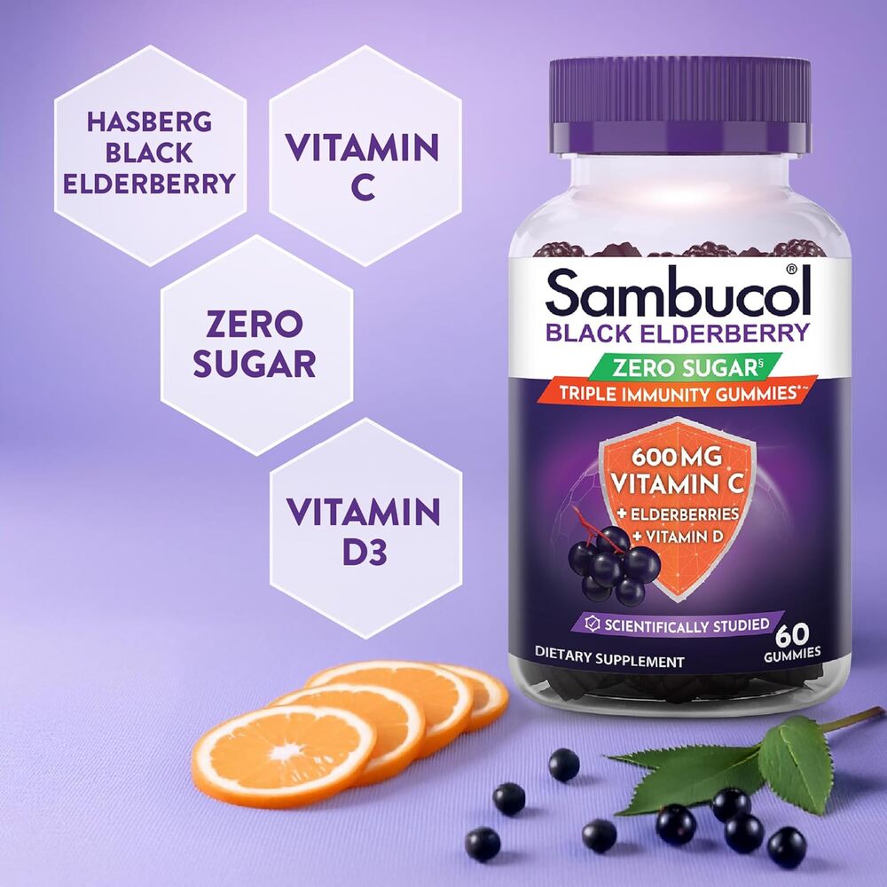 Sambucol® Triple Immunity Zero Sugar Gummies – Vitamin C, Elderberries & Vitamin D, 60 Count