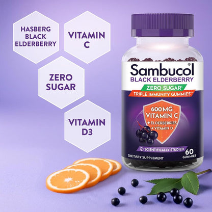 Sambucol® Triple Immunity Zero Sugar Gummies – Vitamin C, Elderberries & Vitamin D, 60 Count