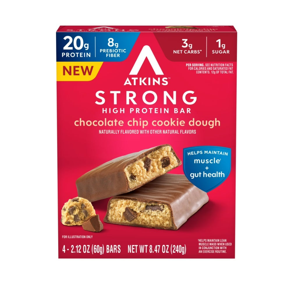 Atkins STRONG Chocolate Chip Cookie Dough High Protein Bars – 4 Pack, Low Sugar Snack