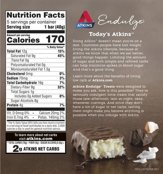 Atkins Endulge Chocolate Coconut Treat Bars – Low Sugar Dessert Snack, 5 Pack