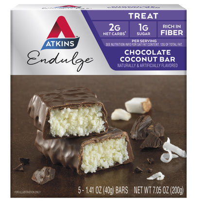Atkins Endulge Chocolate Coconut Treat Bars – Low Sugar Dessert Snack, 5 Pack