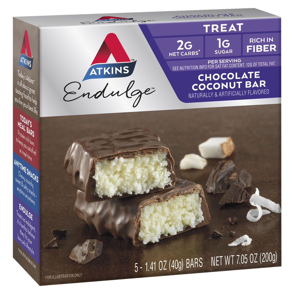Atkins Endulge Chocolate Coconut Treat Bars – Low Sugar Dessert Snack, 5 Pack