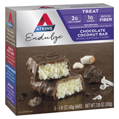 Atkins Endulge Chocolate Coconut Treat Bars – Low Sugar Dessert Snack, 5 Pack