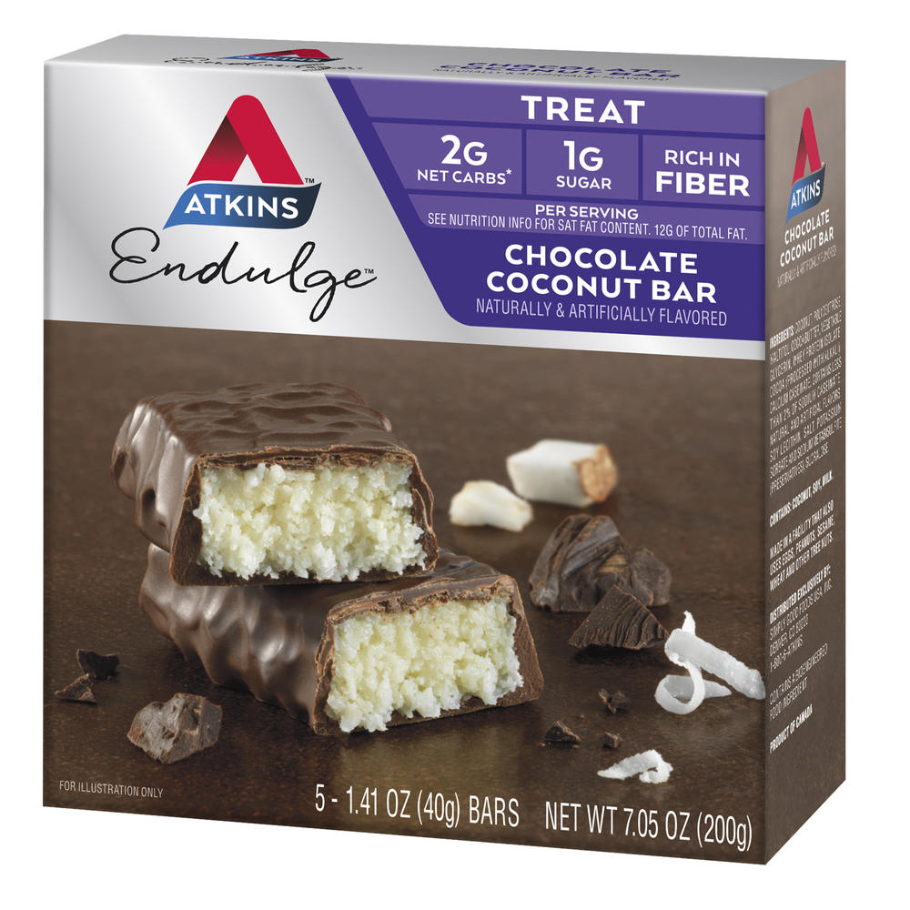Atkins Endulge Chocolate Coconut Treat Bars – Low Sugar Dessert Snack, 5 Pack
