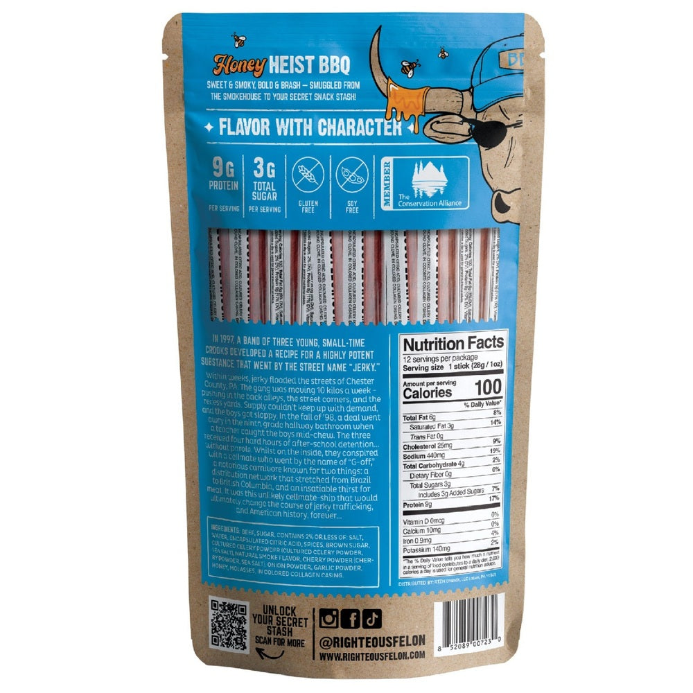 Righteous Felon® Craft Jerky Honey Heist BBQ Beef Sticks – 12 ct