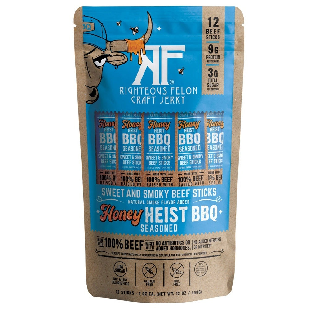 Righteous Felon® Craft Jerky Honey Heist BBQ Beef Sticks – 12 ct