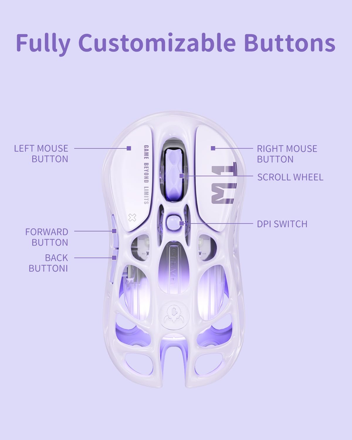GravaStar Mercury M1 Pro Gaming Mouse, 26K DPI, Tri-Mode, Lavender