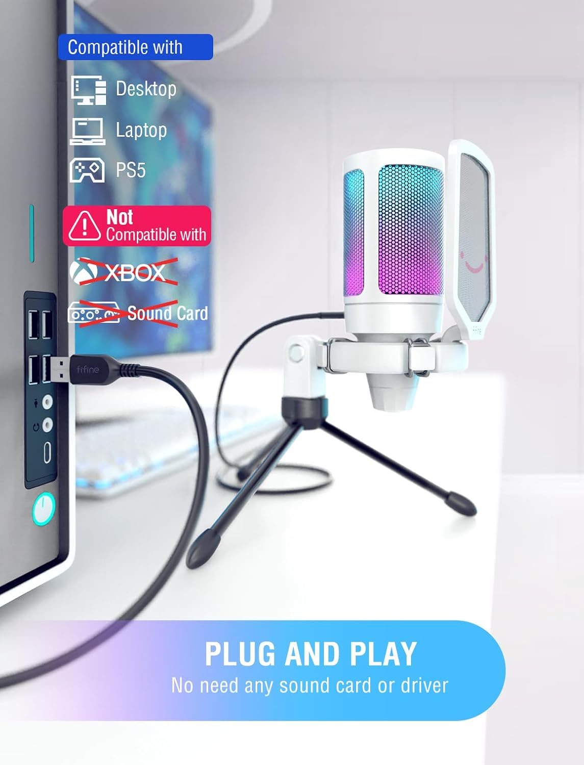 FIFINE AmpliGame A6VW USB Gaming Microphone | RGB Condenser Mic for PC/PS5