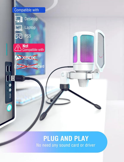 FIFINE AmpliGame A6VW USB Gaming Microphone | RGB Condenser Mic for PC/PS5