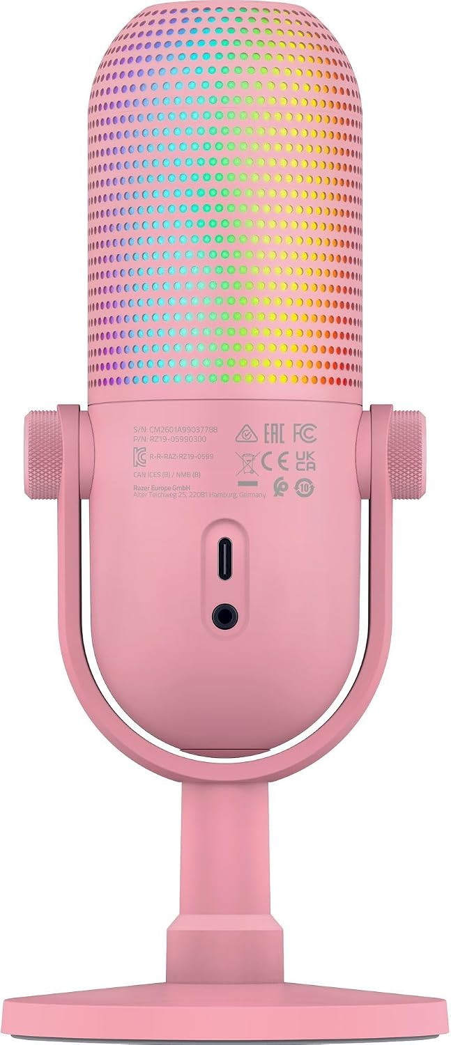 Razer Seiren V3 Chroma USB-C Gaming Microphone, AI Noise Isolation, RGB, Tap-to-Mute, Pink