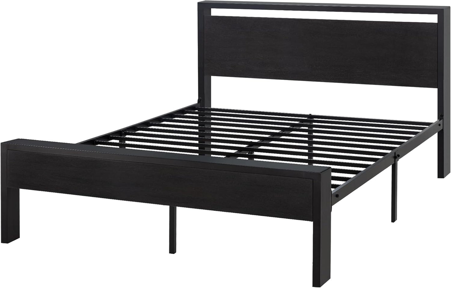 SHA CERLIN Full Size Metal Bed Frame with Wooden Headboard & Footboard – Black Oak, 12" Storage, Noise-Free