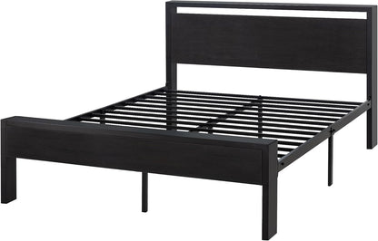 SHA CERLIN Full Size Metal Bed Frame with Wooden Headboard & Footboard – Black Oak, 12" Storage, Noise-Free