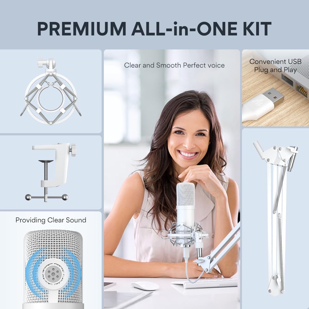 MAONO A04 White USB Microphone | 192kHz/24Bit Condenser Mic for PC, Podcast & Streaming