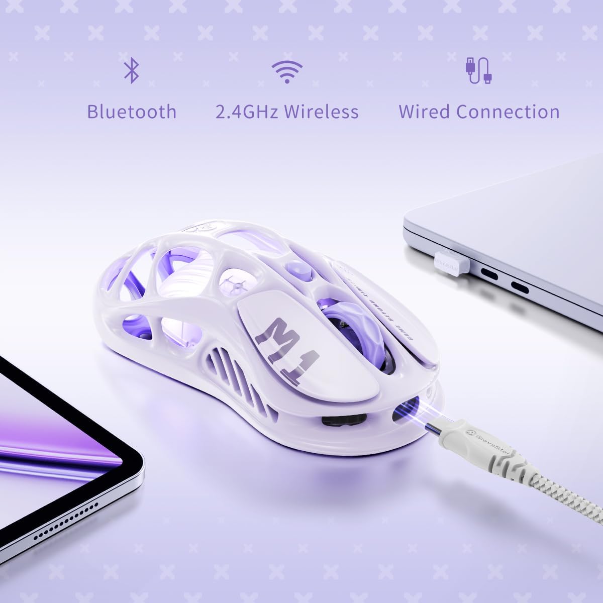 GravaStar Mercury M1 Pro Gaming Mouse, 26K DPI, Tri-Mode, Lavender