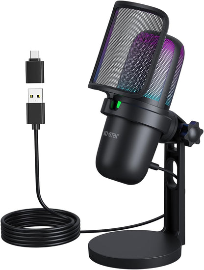 USB RGB Gaming Microphone | Condenser Mic for PC & PS5, Gain Knob, Headphone Jack